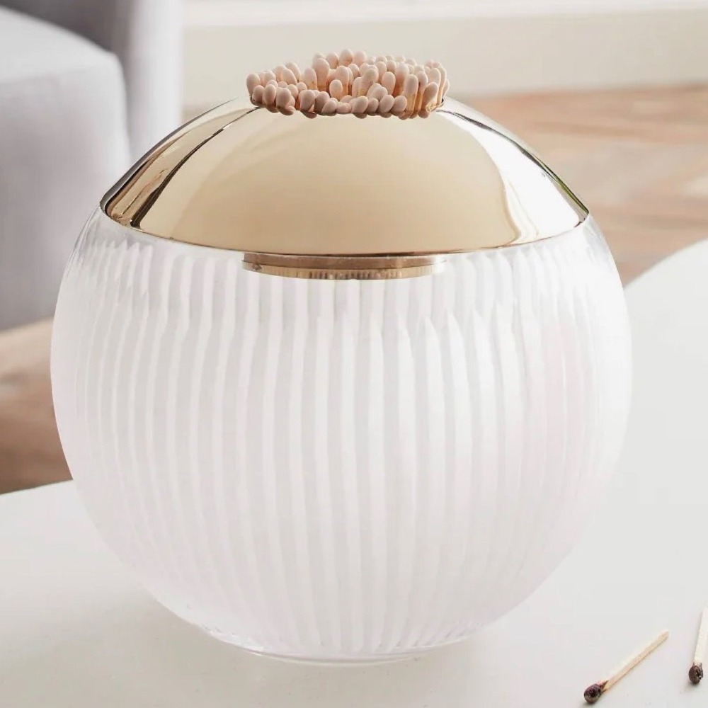 CB2 Curve Ball Match Striker Frosted Glass Brass Top Modern Decor